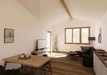 Visualisierung des Wohnraums mit Südfenster und Austritt auf den Südbalkon